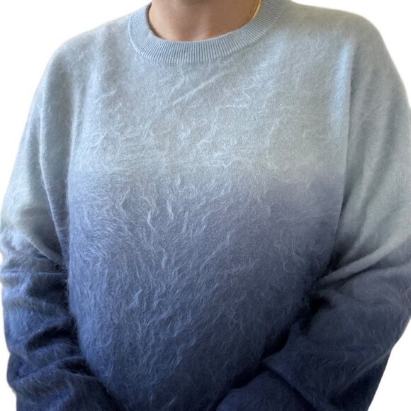 J Crew Womens Ombre Blue Dip Dyed Brushed Cashmere Crewneck Sweater Sz M - Picture 3 of 6